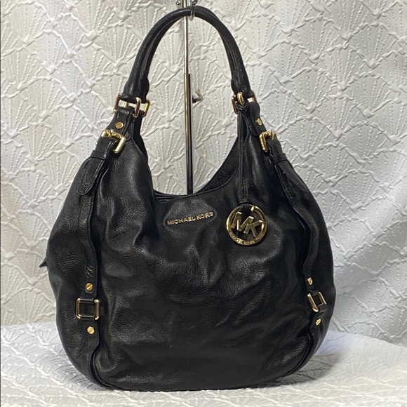 Michael Kors Black Leather Hobo Bag with Gold Accents 3 compartment roomy soft - Picture 1 of 14